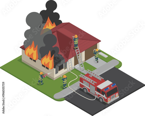 Isometric illustration of house fire emergency firefighters extinguishing burning residential building with fire truck ladder rescue smoke flames disaster response