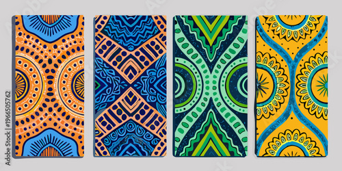 Four vibrant rectangular panels displaying colorful intricate bohemian patterns