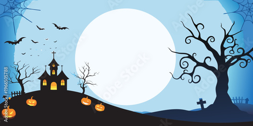 A spooky halloween scene with a castle bats and a full moon