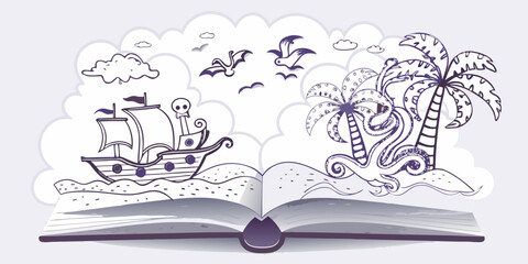 Wandcirkels Piraten Open boek met piraateneiland schets  © Usa