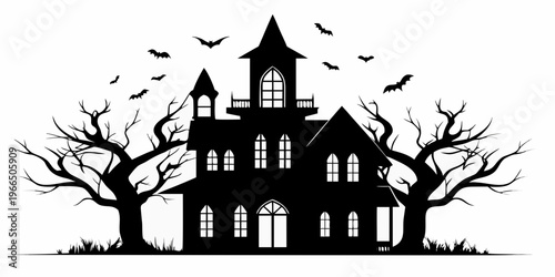 A spooky haunted house silhouette with bats against a pale sky