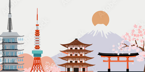 Illustrative depiction of iconic japanese landmarks and traditional architecture