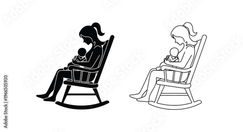 Mother nursing baby in rocking chair depicted twice as a clean silhouette
