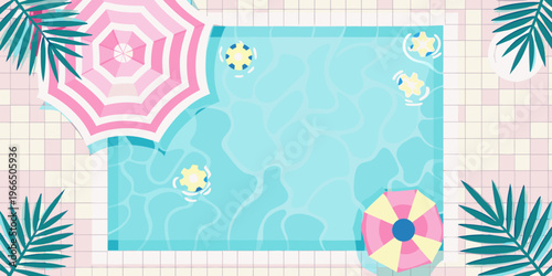 Aerial view of a turquoise swimming pool with colorful beach accessories