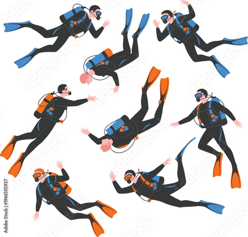 Scuba divers illustration set, multiple diver poses, underwater swimming gear, wetsuit fins tank equipment, marine adventure vector collection design