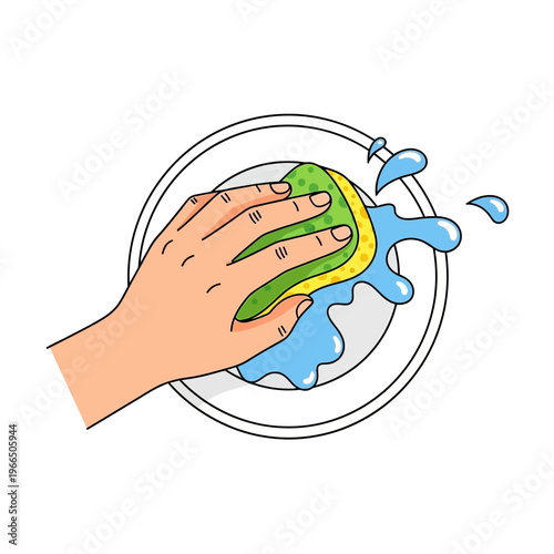 Hand washing a plate with a green sponge and splashing water, cartoon style