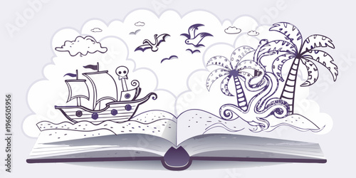 An open book reveals a sketched island scene with a pirate ship