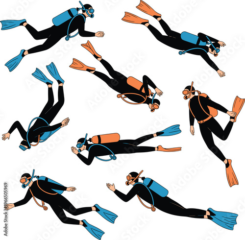 Scuba divers vector illustration, underwater swimming poses, diving gear wetsuit fins oxygen tank, marine sport ocean adventure collection design