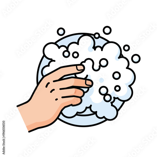 Hand washing dishes with soap bubbles and foam, cleaning kitchenware, hygiene concept
