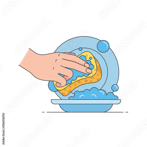Hand washing dishes with sponge and soap bubbles, clean plate in sink, domestic chores, illustration