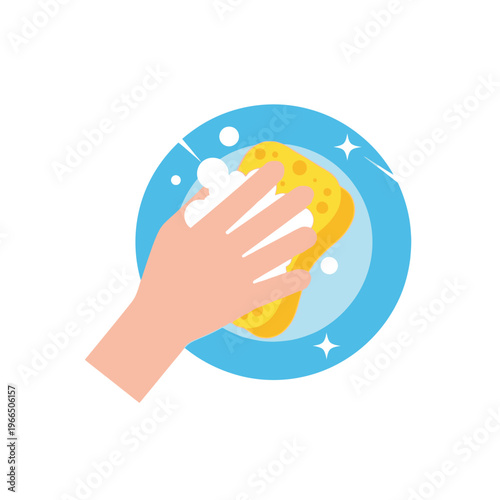 Hand washing dishes with sponge and soap bubbles, clean plate, hygiene concept
