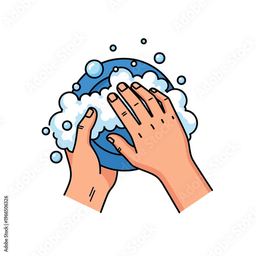 Hands washing a blue plate with soap suds and bubbles, illustration