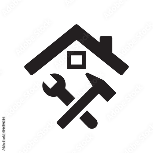 House repair tools icon. Home renovation and maintenance service concept. Monochrome black and white symbol