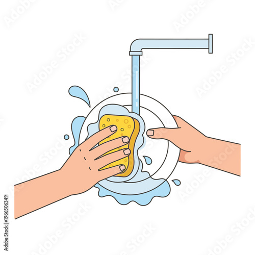 Hands washing a plate under running water with a sponge and soap bubbles