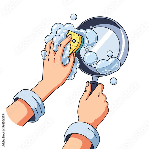 Hands washing a frying pan with soap and sponge, clean dishes, hygiene, housework