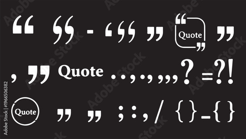 A collection of white punctuation marks and typographic elements on a black background, featuring various styles of quotation marks, commas, question marks, brackets, and quote boxes.