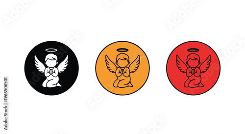 Three stylized cherub angels with halos and wings praying in circular icons of black, orange, and red colors