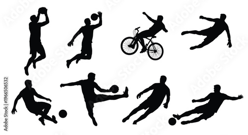 Sport action silhouettes set with dynamic athletes jumping kicking running and cycling poses isolated on white