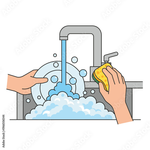 Hands washing dishes in a sink with running water and soap bubbles, cleaning routine