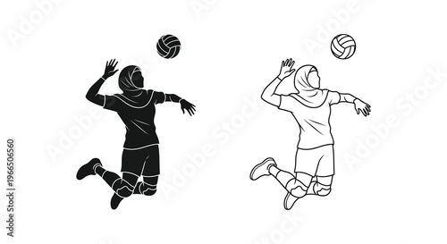 Two volleyball players in action depicted in a striking black silhouette