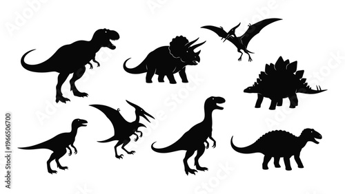 A collection of prehistoric dinosaur silhouettes including a t rex triceratops and pterodactyl against a white background silhouette high quality professional