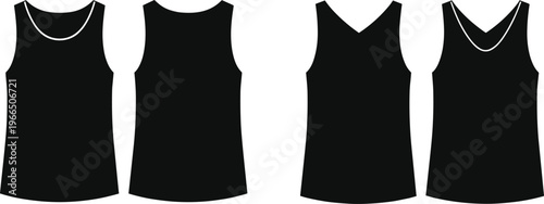 PrintTank top fashion sketch, front and back views, neckline variations, technical garment illustration, vector template for clothing design, sewing pattern reference