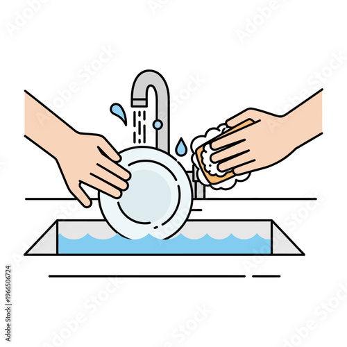 Hands washing dishes in kitchen sink with running water and soap suds, cleaning concept