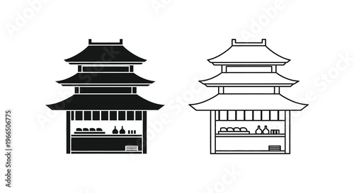 Two japanese traditional roadside food store designs one solid and one outline silhouette
