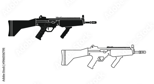 Detailed illustration of a modern assault rifle in black presented as a silhouette