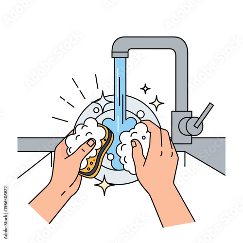 Hands washing dishes with sponge and soap in sink under running water, sparkling clean