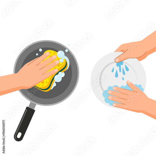 Hands washing frying pan and plate with sponge and soap, household chores, cleaning kitchenware