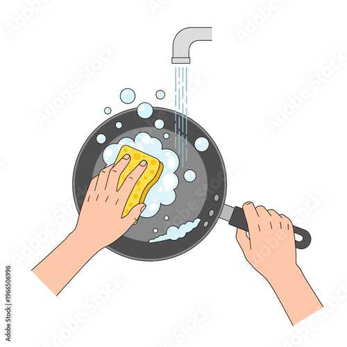 Hands washing frying pan with sponge under running water, soap bubbles, kitchen cleaning