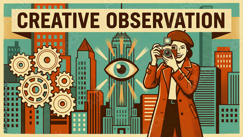 A captivating retro illustration featuring a smiling female photographer with a vintage camera, embodying the essence of creative observation and strategic insight, prominently displaying an