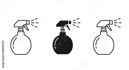 Set of three spray bottle icons showing liquid being dispensed, including outline and solid black versions