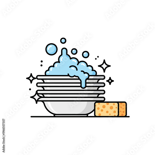 Stack of clean dishes with soap bubbles and sponge, sparkling clean, illustration