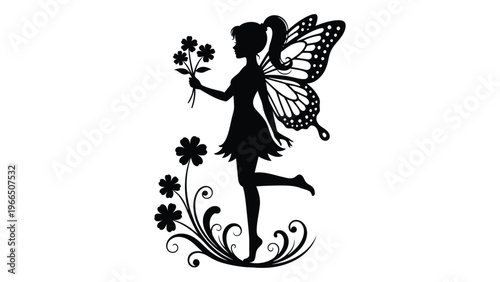 A delicate black silhouette of a fairy holding flowers and with butterfly wings showcasing whimsical artistry silhouette high quality professional detailed