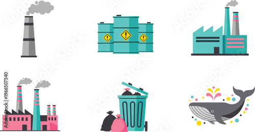 Environmental Pollution Vector Set with Factory Smoke, Toxic Waste, Industrial Emissions, Garbage and Marine Pollution for Ecology Awareness and Sustainability Design