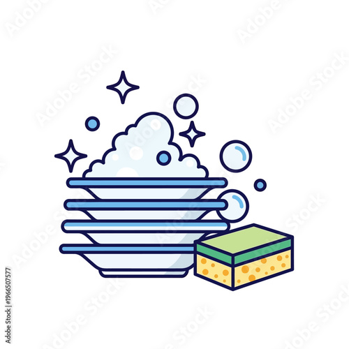 Stack of clean dishes with soap suds and sponge, sparkling clean, kitchen hygiene icon