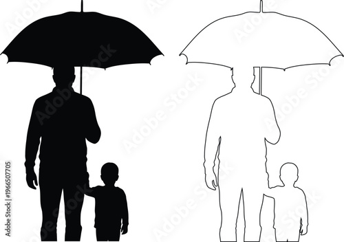 Adult holding umbrella walking with child silhouette pair
