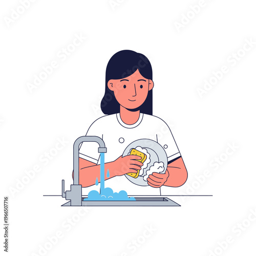 Woman washing dishes at the kitchen sink, domestic chores, daily routine, illustration