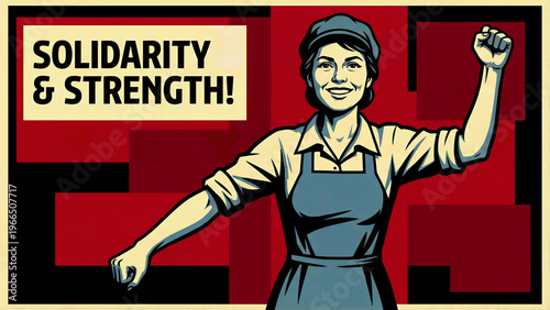 A powerful pop art illustration portrays a smiling, determined woman, reminiscent of classic propaganda posters, wearing a work apron and cap, confidently flexing her bicep with a raised, clenched