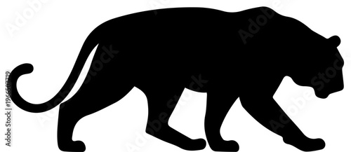 Black Silhouette of a Prowling Panther or Leopard Walking Isolated on White Background