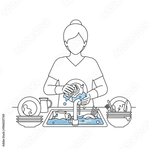 Woman washing dishes by hand in a kitchen sink with running water and sponge