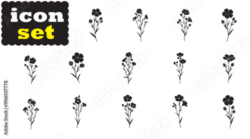 Flax Flower Silhouette Set, Botanical Plant Vector Illustration