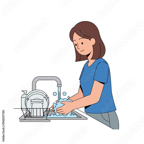 Woman washing dishes by hand in kitchen sink with running water and soap suds
