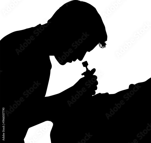 Black silhouette of a tattoo artist working with a machine on a client, professional tattooing process vector illustration