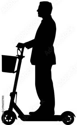 Silhouette of a Businessman in Suit Riding an Electric Kick Scooter with Front Basket Isolated on White Background for Urban Commuting