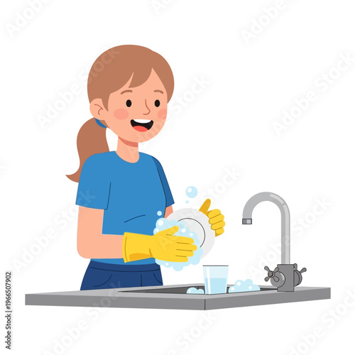 Woman Washing Dishes in Kitchen Sink with Yellow Gloves