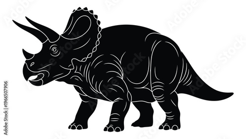 A striking black silhouette depicts a side view of a triceratops dinosaur showcasing its iconic frill and horns silhouette high quality