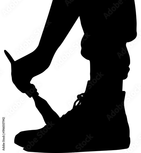 Silhouette of a person using a shoehorn to put on a shoe black and white minimalist vector illustration on white background